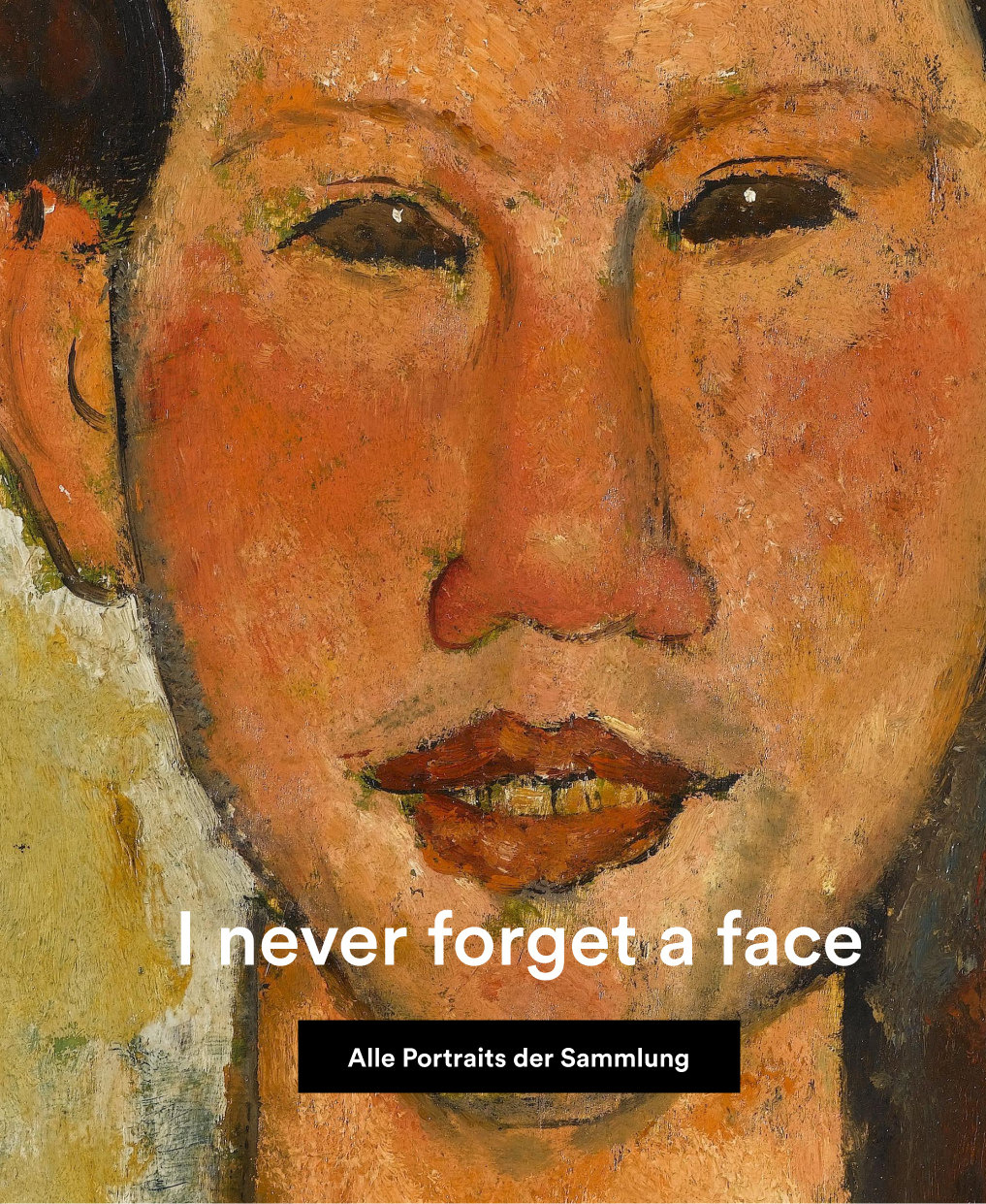 Über einem Ausschnitt eines Portraits von Modigliani steht "I never forget a face". Ein BUtton führt zur Online-Sammlung des Portals.
