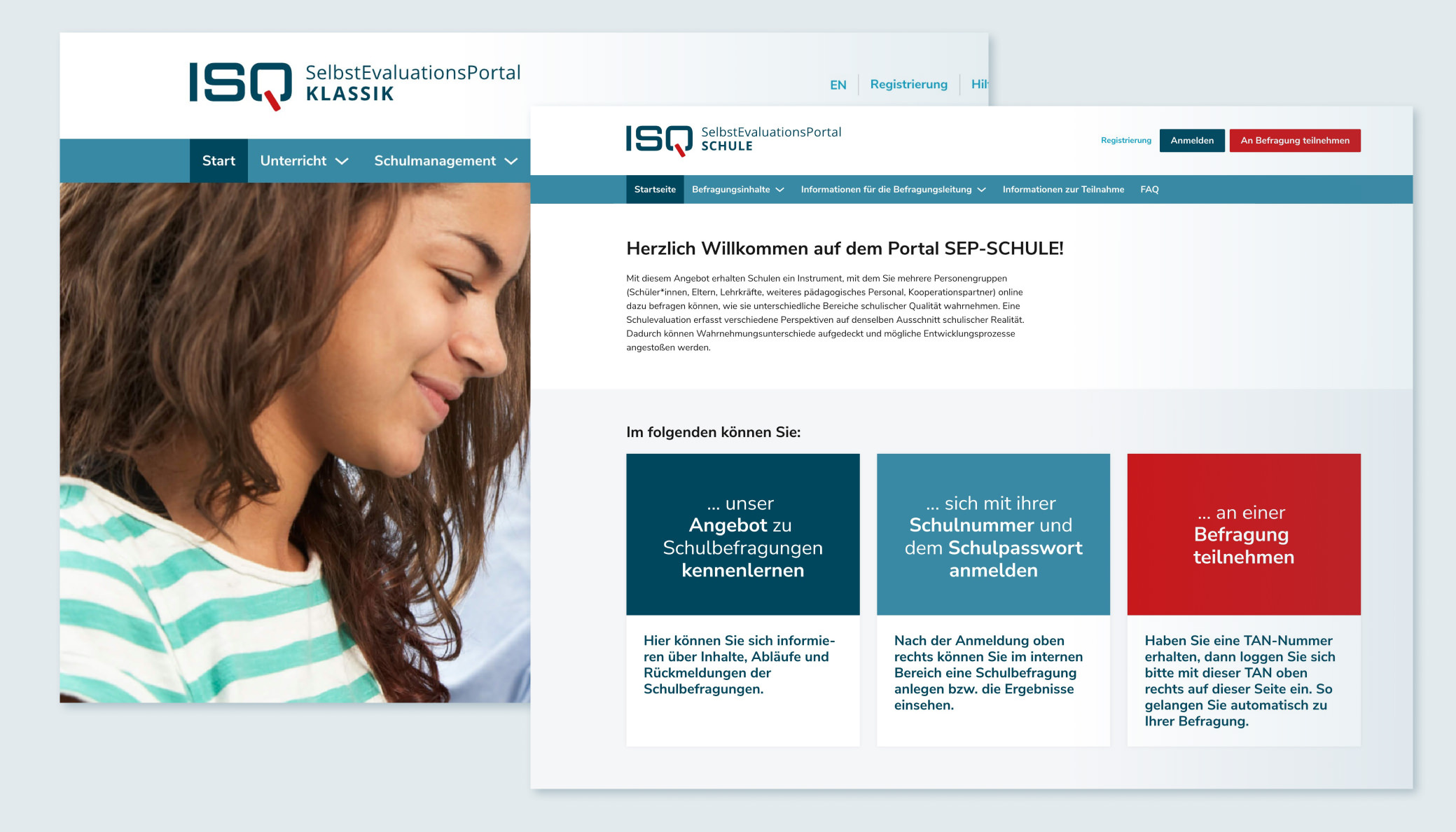 Screenshots der Startseiten von SEP-Klassik und SEP-Schule
