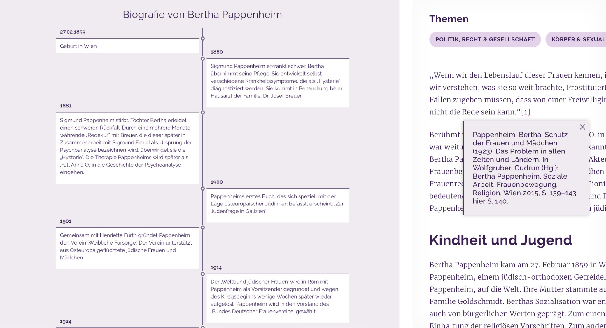 Features auf einer Akteurinnenseite: Biographie in Baumgrafik und Fussnoten im Text