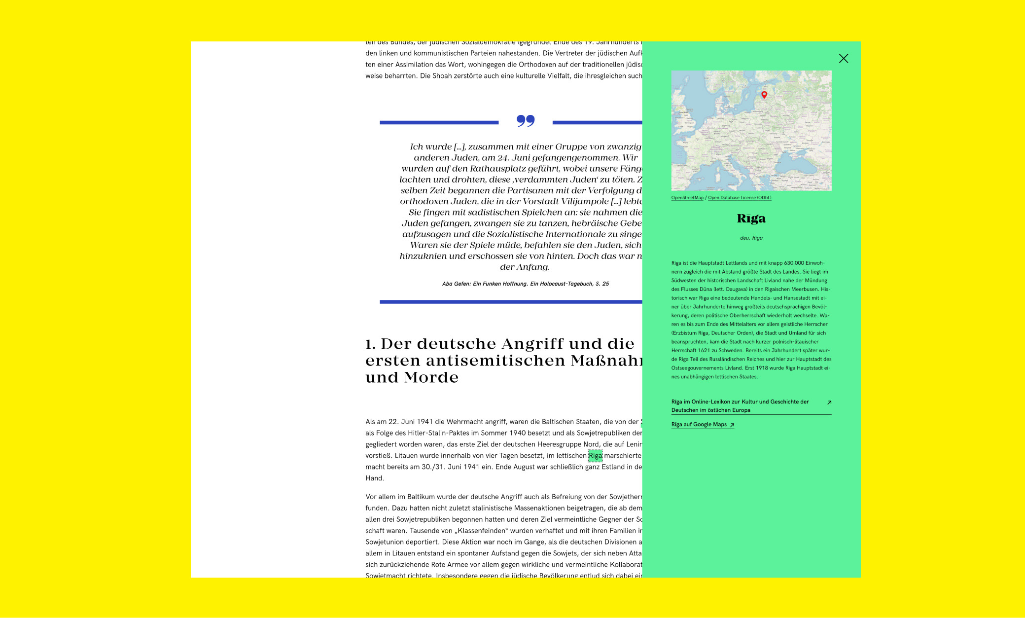 Links im Text zu einem grünen Overlay mit Informationen über Riga