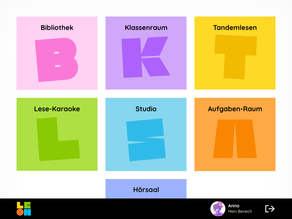 Schülerinnen-Dashboard mit farbigen Kacheln für die verschiedenen Räume