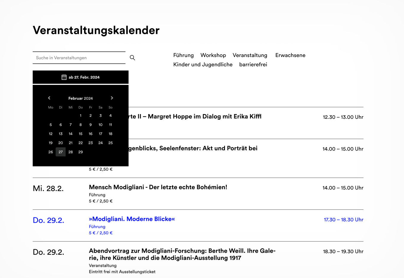 Der Veranstaltungskalender mit einer Liste und thematischen Filtern