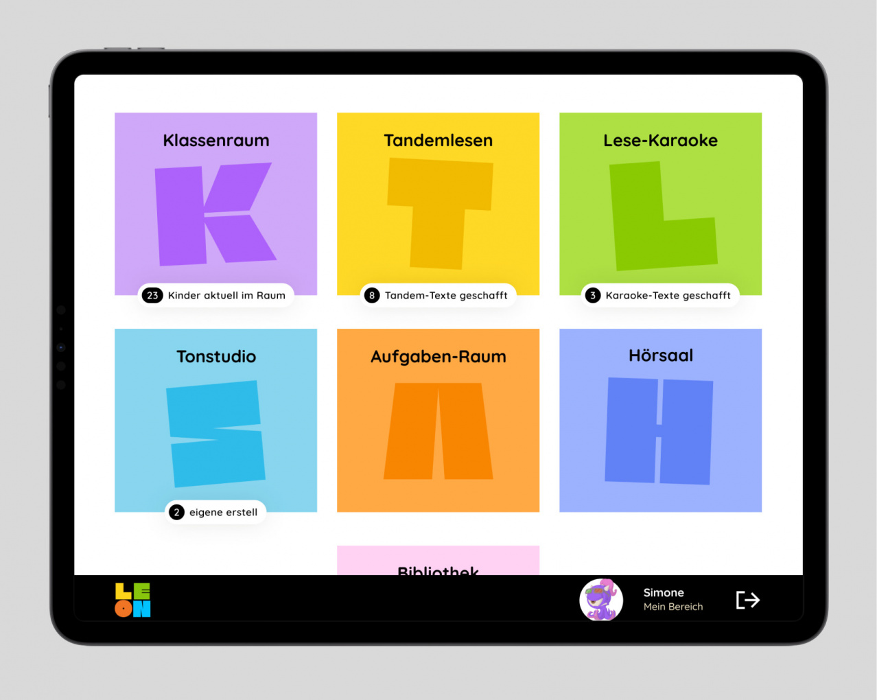 Dashboard dere Anwendung LEON zum Lesen lernen auf einem Tablet