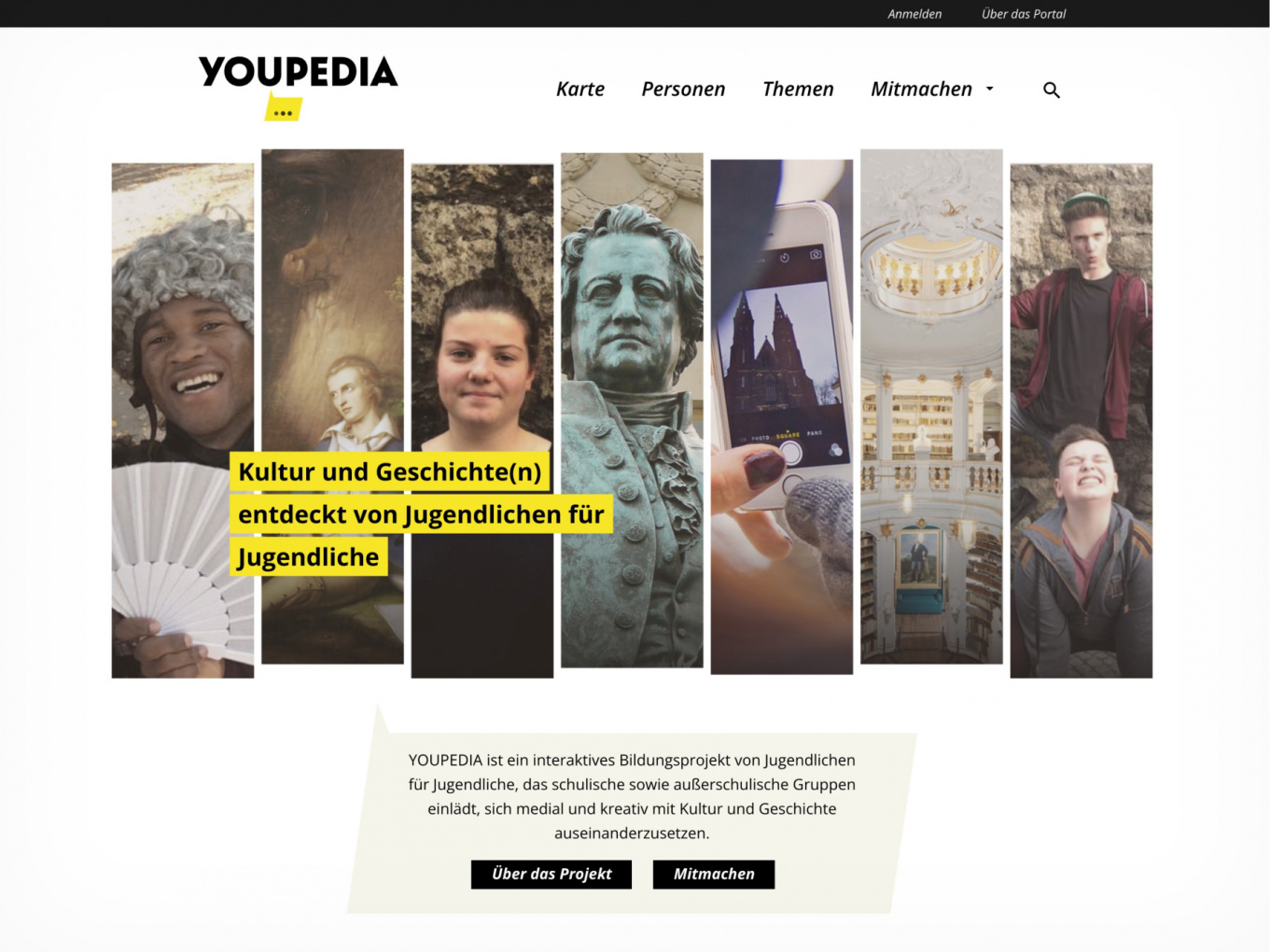 Startseite von Youpedia.de mit Fotos von Schüler:innen auf Exkursion in Weimar