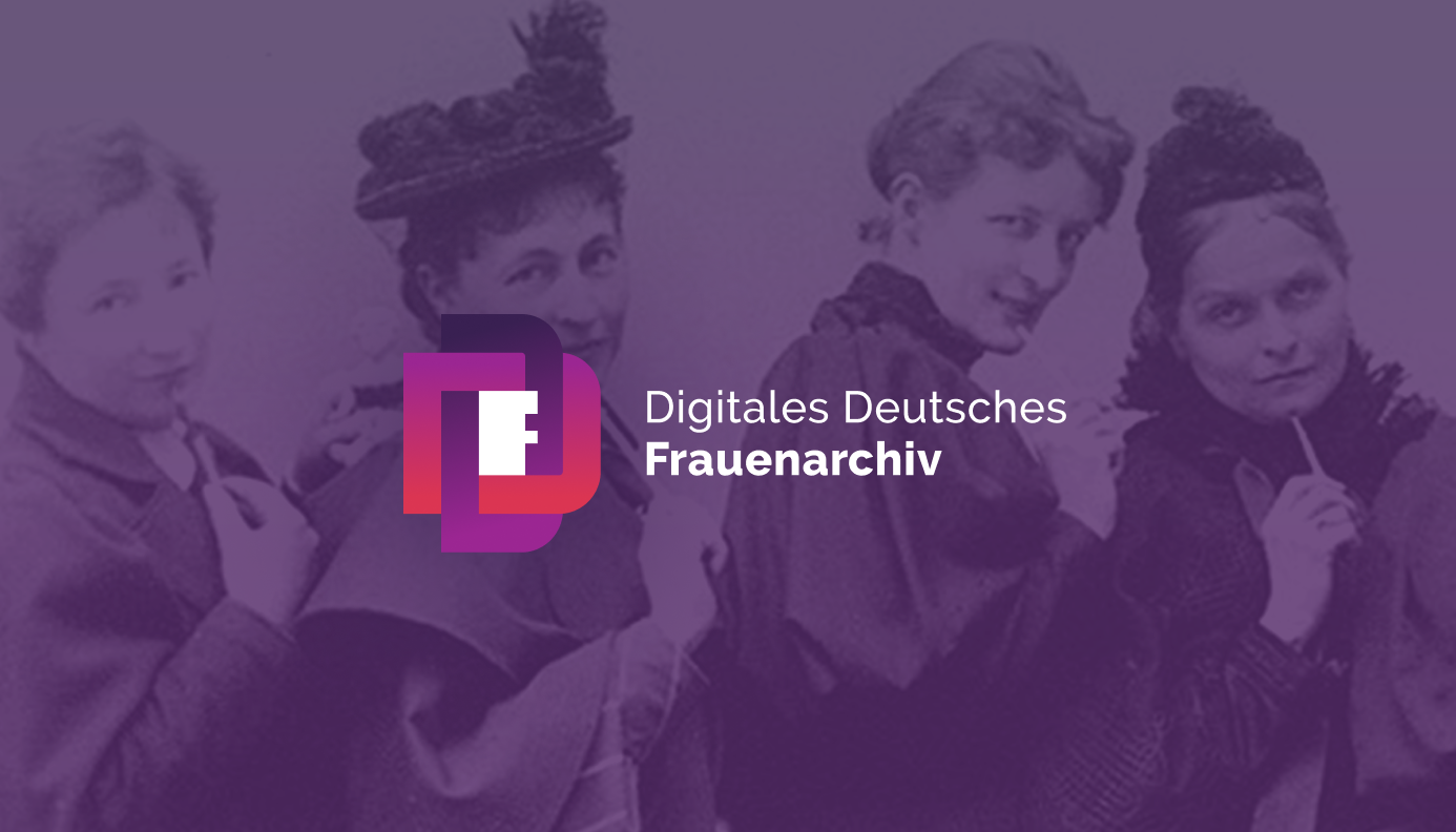 Logo & Schriftzug des Digitalen deutschen Frauenarchivs, im Hintergrund 4 historische Akteurinnen der Frauenbewegung