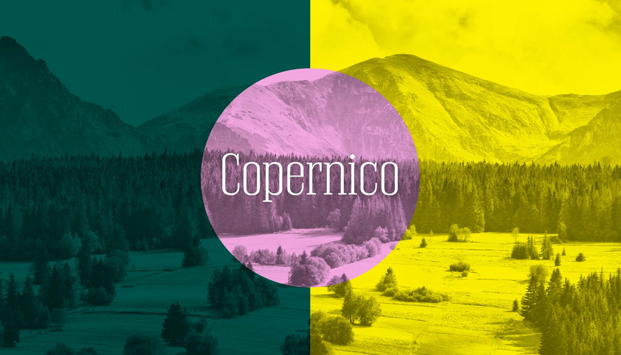 Schriftzug "Copernico" mit einer bergigen Landschaft im Hintergrund