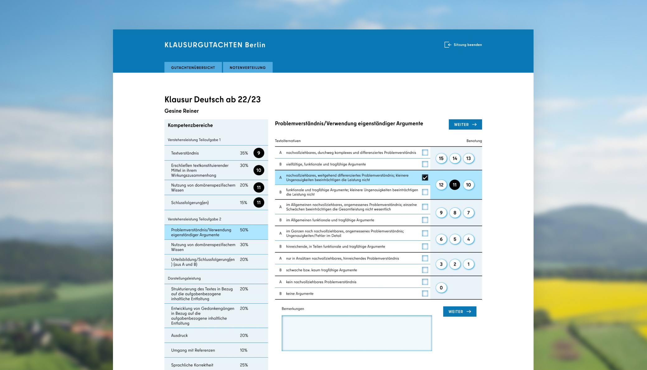 Screenshot aus der Klausurgutachten Anwendung mit der Benotung im Fach Deutsch