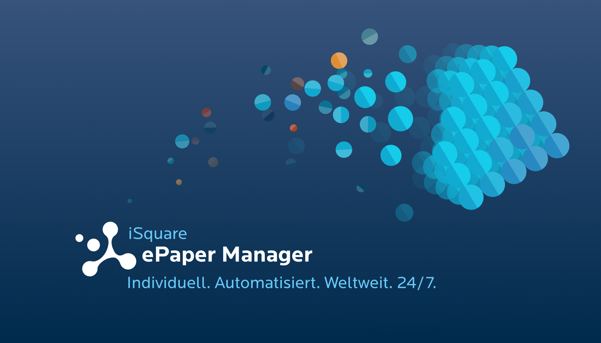 Logos des Dienstes iSquare ePaper Manager vor dunkelblauem Hintergrund mit fliegenden Kugeln. Darunter steht: Individuell. Automatisiert. Weltweit. 24/7. 