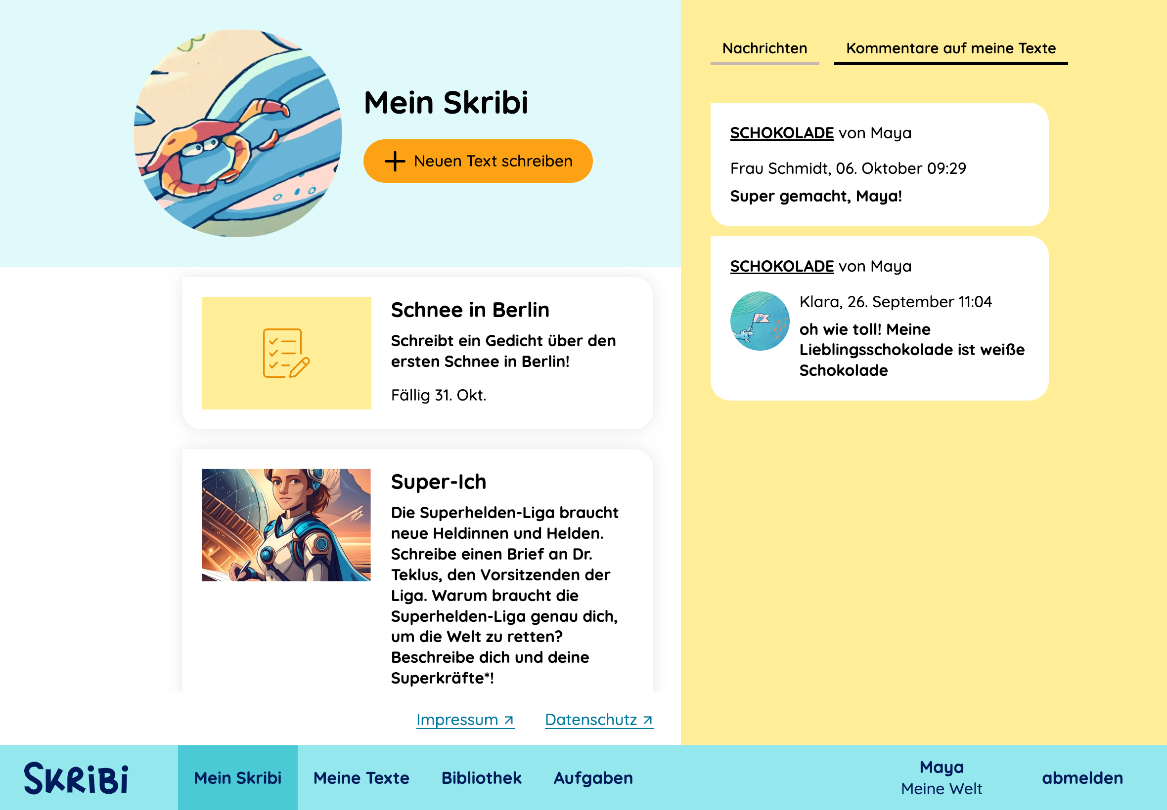 Dashboard von Skribi aus Schüler*innensicht mit Kommentaren und eigenen Texten